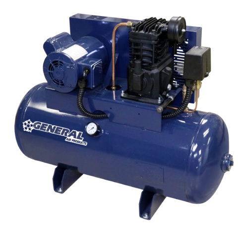 a blue general air products air compressor on a white background