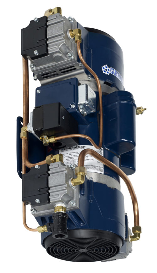 a blue marathon air compressor with copper pipes attached to it