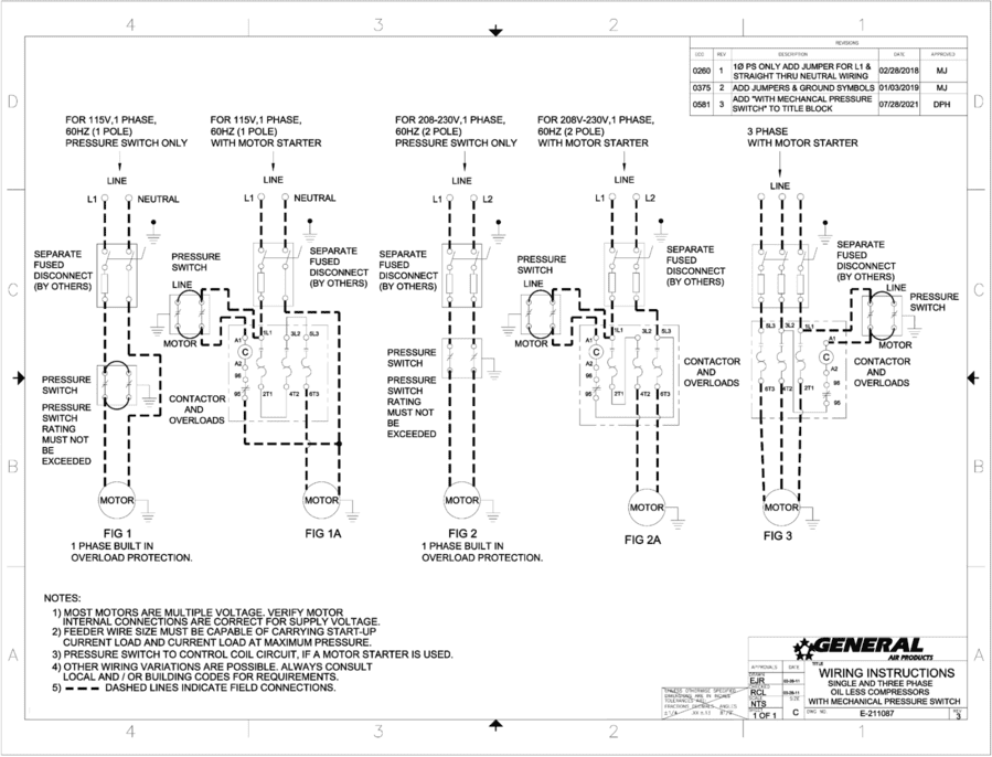 Oilless Air Compressor Single & 3 Phase Wiring Drawing with Mechanical Pressure Switch
