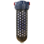 a metal cylinder with holes in it and a black cap on a white background .