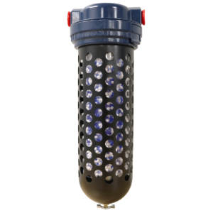 a metal cylinder with holes in it and a black cap on a white background .