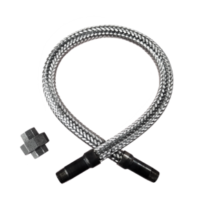 a braided metal hose with two black connectors
