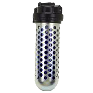 a metal cylinder with holes in it and a black cap on a white background .