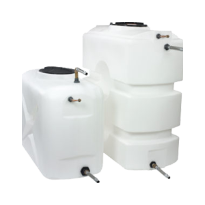 three white plastic tanks are stacked on top of each other