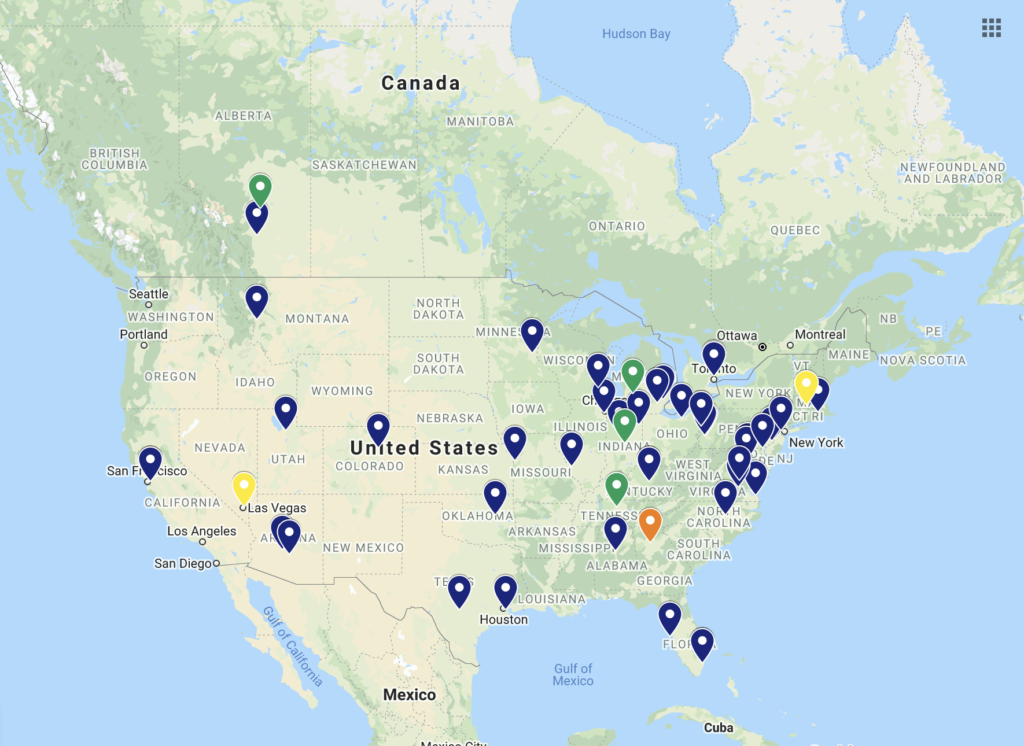 map of locations where General Air Products has donated equipment