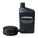 a bottle of general air products compressor oil next to a filter