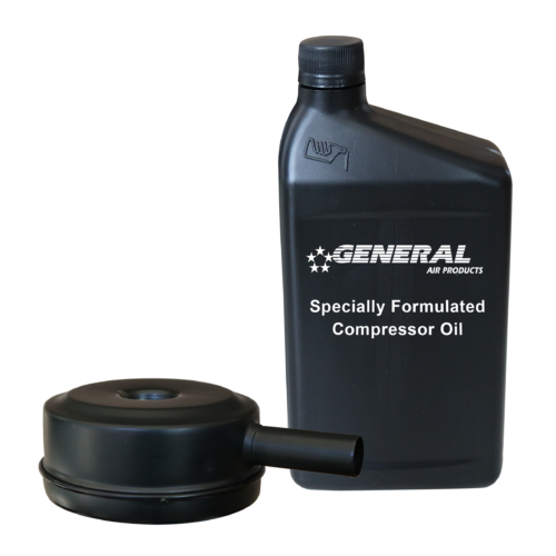 a bottle of general air products compressor oil next to a filter