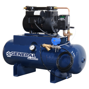 a blue general air products air compressor with a black motor