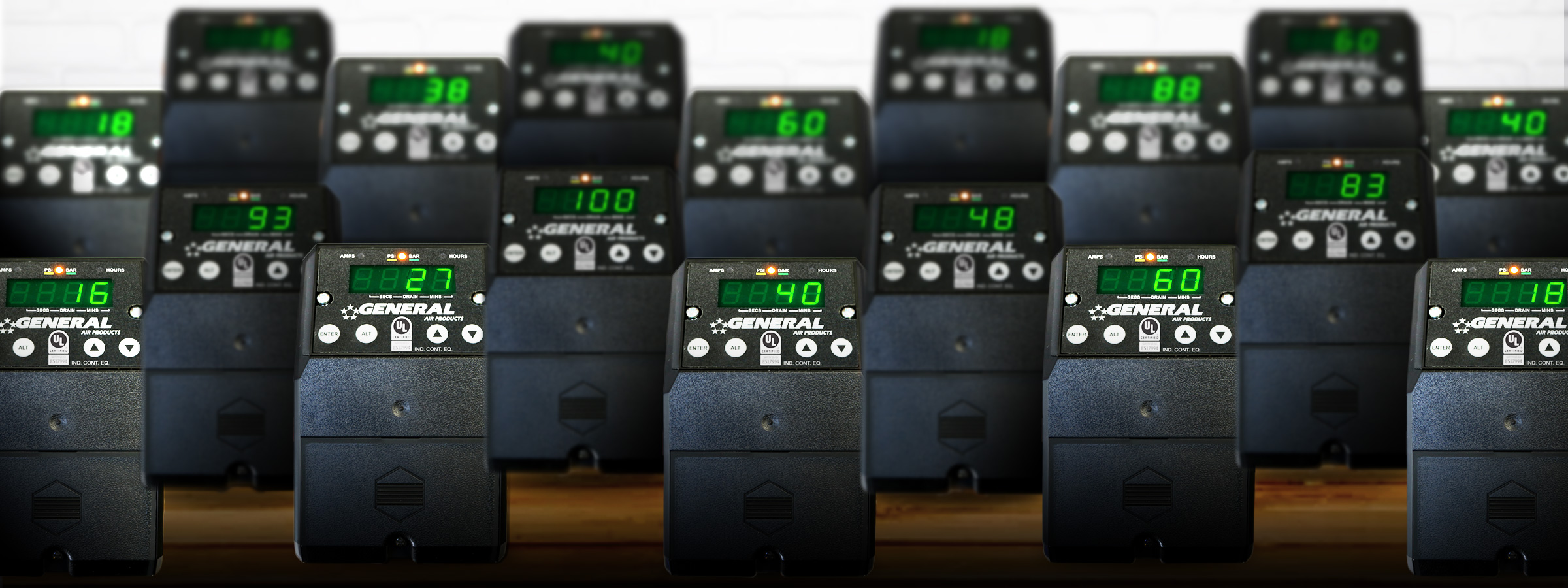 a row of general clocks are lined up in a row
