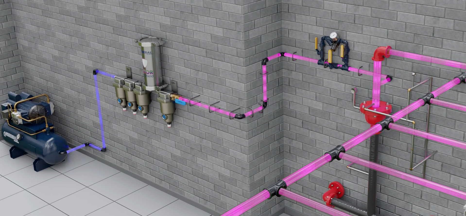 a computer generated image of an air compressor and pipes