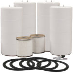 a bunch of white cylinders with rubber rings around them
