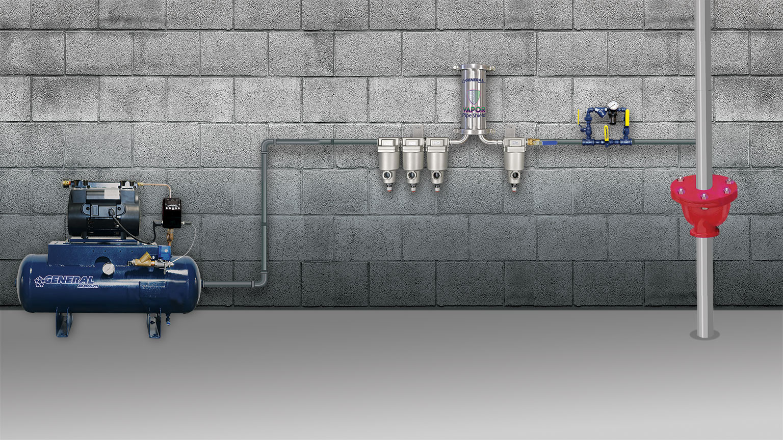 Vapor Pipe Shield mounted to a General Air Products tank mounted Oil less riser mounted compressor. 